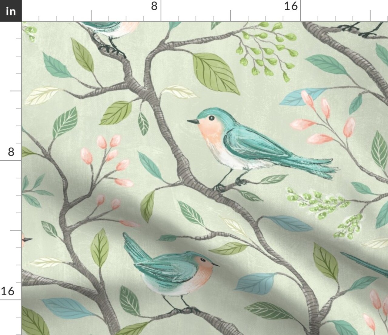 Cottagecore Chinoiserie Nature Birds Botanical Trees Branches Flowers Leaves Blue Bird Floral Faux Texture Brush Strokes Farmhouse Spring Custom Printed Fabric by Spoonflower Various Fabrics by the Yard or Fat Quarter